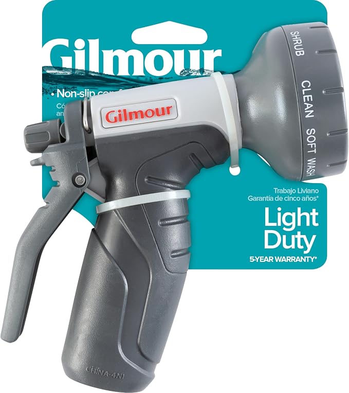 Gilmour Light Duty Garden Hose Nozzle with 8 Pre-Set Spray Patterns, Water Hose Nozzle for Watering Garden or Lawn | 8 Pre-Set Spray Patterns, Trigger Lock, Flow Control, Multi Use for Plants, Pets, Cars, and Patios