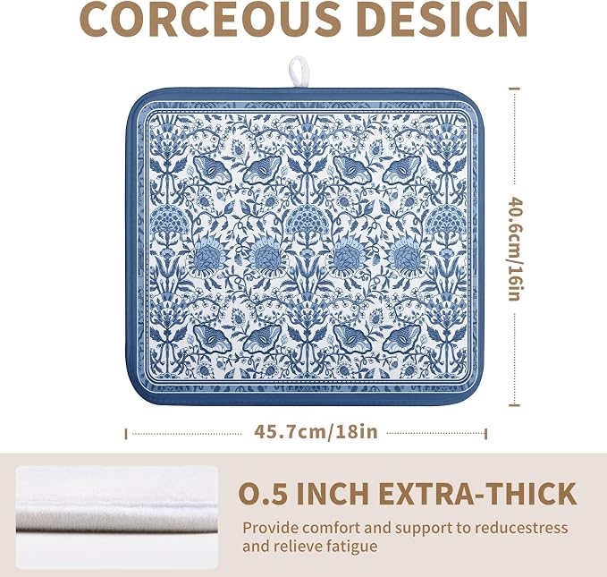 Blue Floral Dish Drying Mat for Kitchen Counter Boho Flowers Dishes Drainer Mats Rustic Farmhouse Microfiber Absorbent Dish Draining Spring Summer Reversible Dish Rack Pad 16x18 Inch