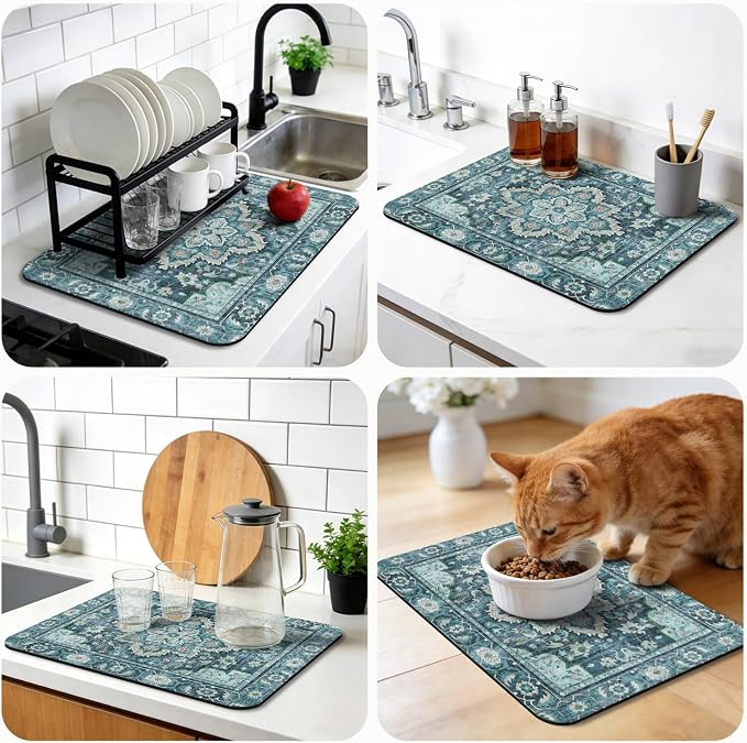 Dish Drying Mat, Vintage Rustic Boho Kitchen Dishes Absorbent Pad, 16x18in | Eco-friendly diatomite with non-slip rubber backing. Super absorbent mat for kitchen counters, coffee bars & sinks