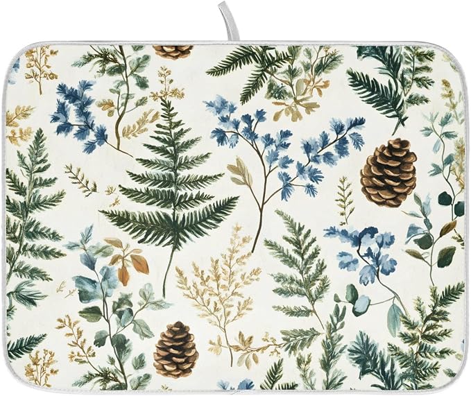 Vintage Herbs Fern Leaves Floral Plant02 Dish Drying Mat for Kitchen Counter Absorbent Microfiber Large Drying Pad Dish Mats for Kitchen Countertops 18 x 24 Inch