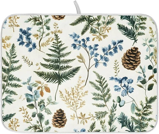 Vintage Herbs Fern Leaves Floral Plant02 Dish Drying Mat for Kitchen Counter Absorbent Microfiber Large Drying Pad Dish Mats for Kitchen Countertops 18 x 24 Inch
