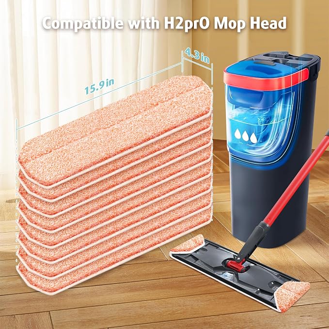 8 Pack Orange Scrubbing Mop Pads Compatible with O-Cedar H2prO Flat Mop, Machine Washable Reusable Microfiber Replacement Pads with All-Over Scrub Strips for Deep Cleaning Hardwood Tile Laminate Vinyl
