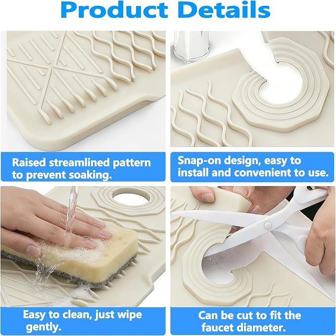 EBIGIC 24 Inch Silicone Faucet Mat for Kitchen Sink, 7° Slope Fast Self-Draining Sink Splash Guard, Kitchen Sink Water Catcher Organizer, Kitchen Sink Accessories (off-white, 24''x5.6'')
