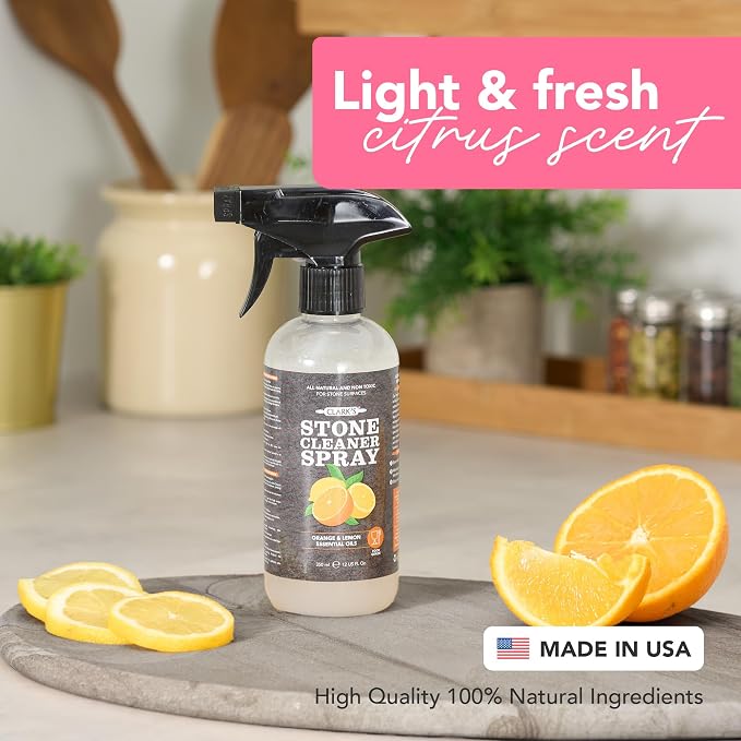 CLARK'S Stone & Quartz Cleaner Countertop with Microfiber Cloth, Citrus Scent - Granite Countertop Cleaner and Polish for Marble Cleaning - Clean and Shine Soapstone, Quartzite, Limestone - 12oz