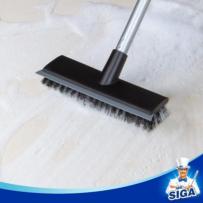 MR.SIGA Floor Scrub Brush with Long Handle for Cleaning Cleaning Bathroom | Shower floor scrubber, 2 in 1 scrubber and squeegee for cleaning patio, garage, wall, tile with stiff Bristles