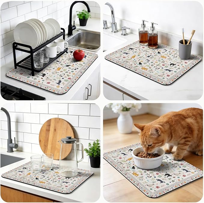 Dish Drying Mat, Vintage Rustic Boho Kitchen Dishes Absorbent Pad, 12x20in | Eco-friendly diatomite with non-slip rubber backing. Super absorbent mat for kitchen counters, coffee bars & sinks