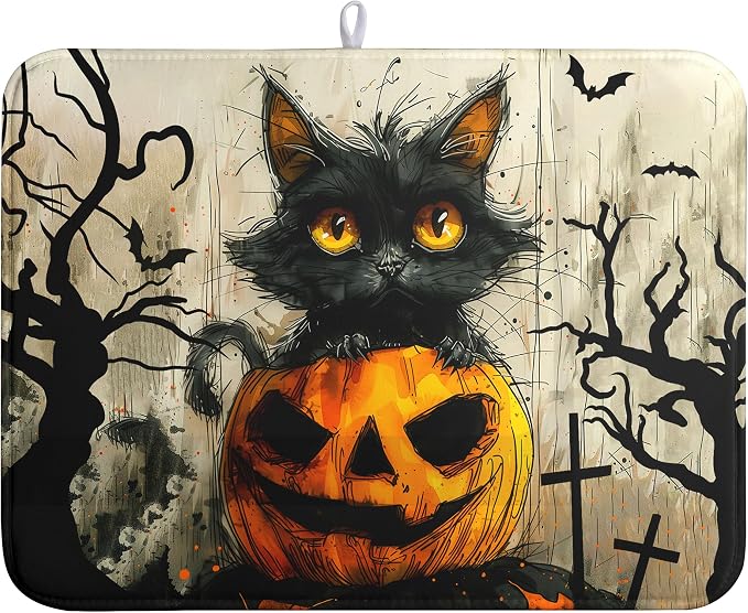 Black Cat Fall Pumpkin Dish Drying Mat 18x24 - Super Absorbent Drying Pads for Kitchen Counter - Happy Halloween Bat Branch Large Microfiber Dishes Drying Mats