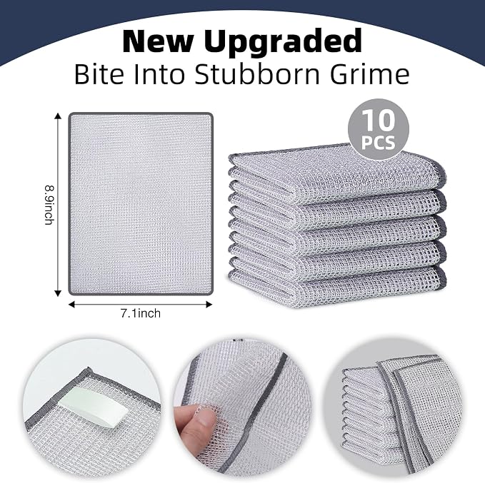 PIPUHA 10 Pack Non-Scratch Stainless Steel Scrubber, Reusable Diamond Weave Scrubber Cloths for Kitchen, Heavy-Duty Metallic Fiber Cleaning Cloth for Cookware, Dishes, Sinks, Easy-Rinse & Quick-Dry