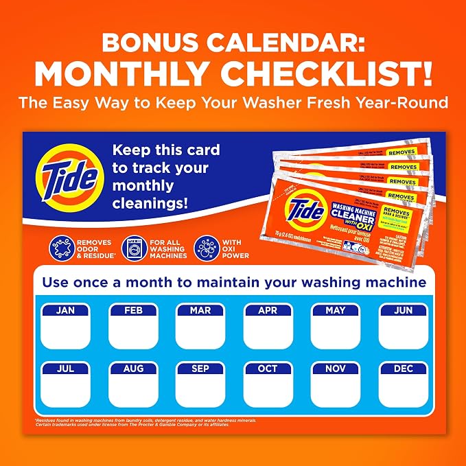 Tide Washing Machine Cleaner 52 Week Supply with Oxi for Front and Top Loader Washer Machines, Deep Cleaning Residue & Odor Eliminator, 12 Month Supply (Packaging May Vary)