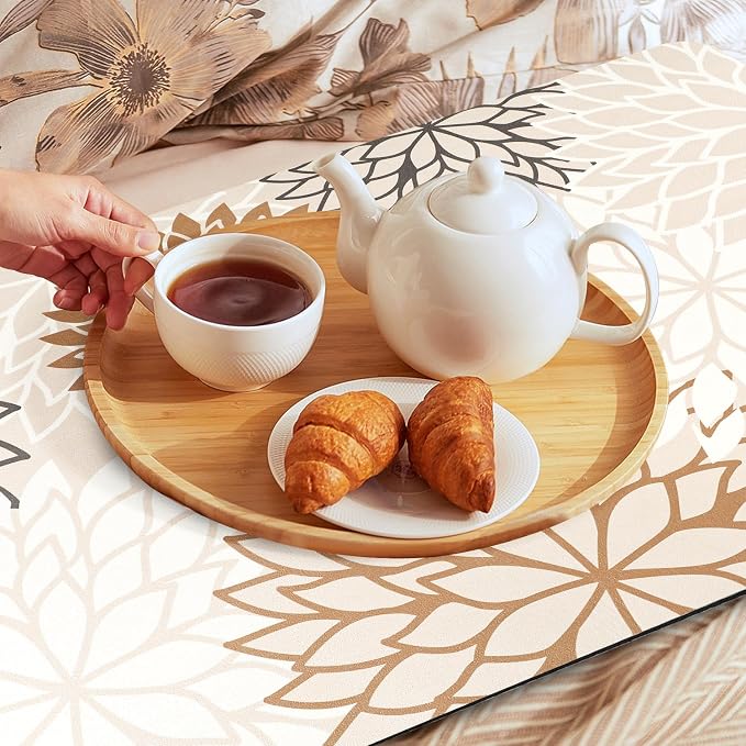 Findosom 2PCS 12" x 20" Dish Drying Mat & 24" x 5.5" Sink Splash Guard, Super Absorbent & Cuttable Dish Mat Drying Kitchen Mat with Brown Floral, Hide Stain Drying Mat for Kitchen Counter