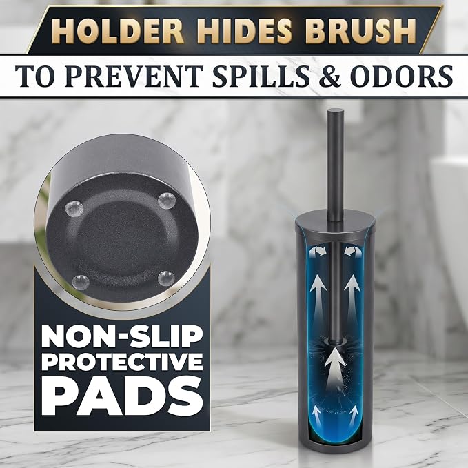 Graphite Metallic Stainless Steel Toilet Brush and Holder Set | Toilet Bowl Brush and Holder with Splash Cover, Sturdy Bristles, Corrosion & Scratch Resistant, Elegant Design