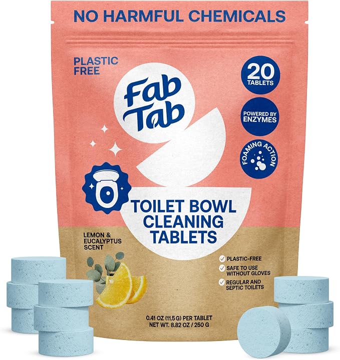 Fab Tab Toilet Cleaner Tablets for Bowl, Powerful Active Toilet Stain and Rust Removal, No Plastic or Harmful Chemicals, Safe for Regular and Septic Tanks, Lemon & Eucalyptus Scent - 20 Pack