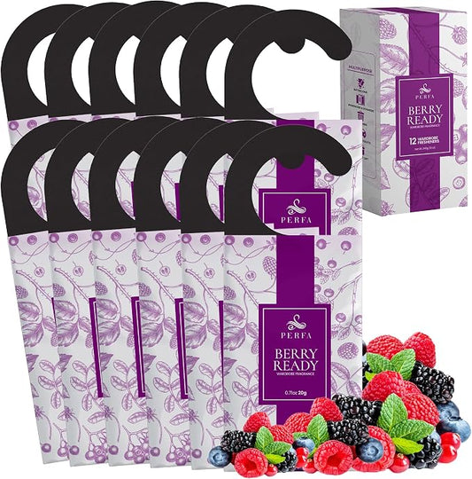 12 Packs Large Closet Deodorizer for Women - Berry Odor Absorber by Perfa | Hanging Scented Luxury Fragrance - Weeks of Continuous Freshness - Keeps Stored Fabrics Smelling New - Good for 120 Days