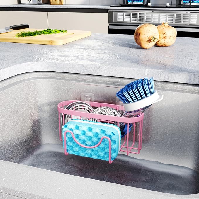HapiRm Sponge Holder for Kitchen Sink - Sink Caddy with Unique M-Shaped, 2 Installation Methods Kitchen Organizer, Rustproof Stainless Steel Sponge Caddy - Pink
