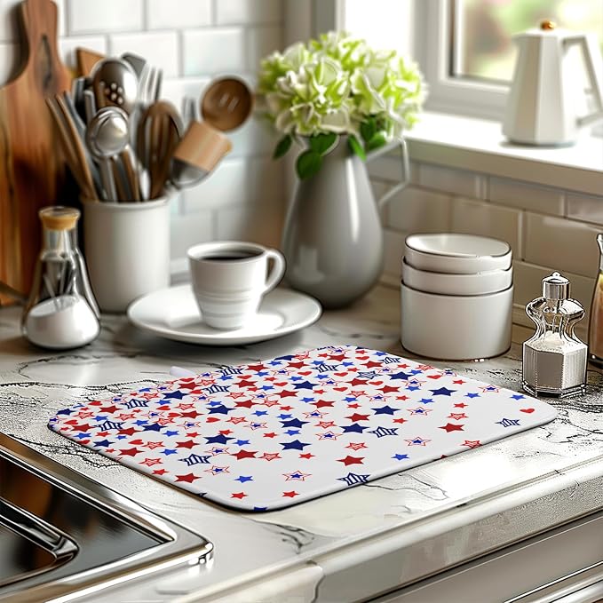 4th of July Dish Drying Mat for Kitchen Counter Patriotic Stars Dishes Drainer Mats Independence Memorial Day Microfiber Absorbent Dish Draining Pad 16"x18"