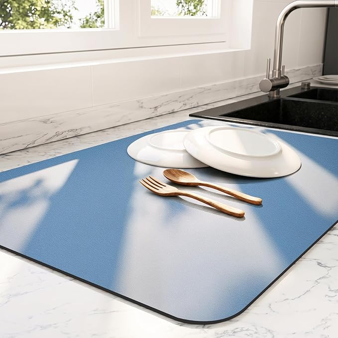 Ecotrim - Dish Drying Mat for Kitchen Counter | Coffee Bar Mat for Countertops | Heat Resistant Drainer Mat with Non-slip Rubber Backed | Hide Stain Kitchen Absorbent Draining Mat | Blue 18"x24"