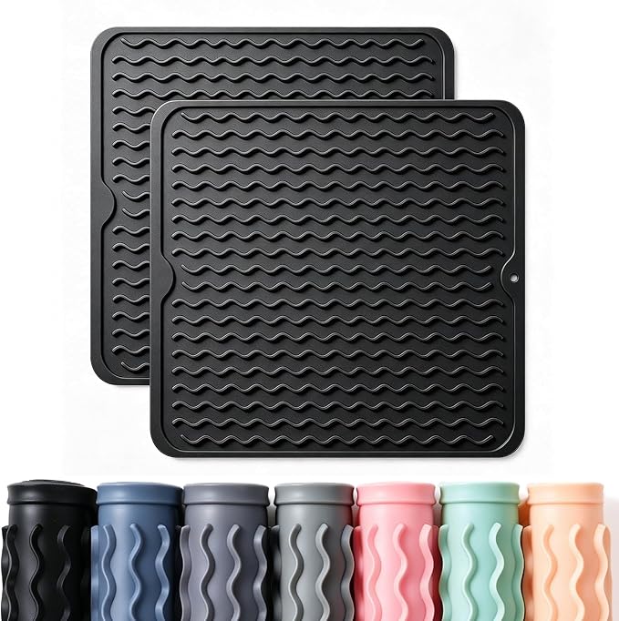 2 Pack Caketime Silicone Dish Drying Mat for Kitchen Counter Under Sink Protector Organizers Cooking Baking Espresso Machine Accessories Coffee Mats Appliance Stone Rack Trays Drain 12"x12" Black