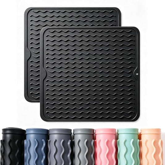 2 Pack Caketime Silicone Dish Drying Mat for Kitchen Counter Under Sink Protector Organizers Cooking Baking Espresso Machine Accessories Coffee Mats Appliance Stone Rack Trays Drain 12"x12" Black