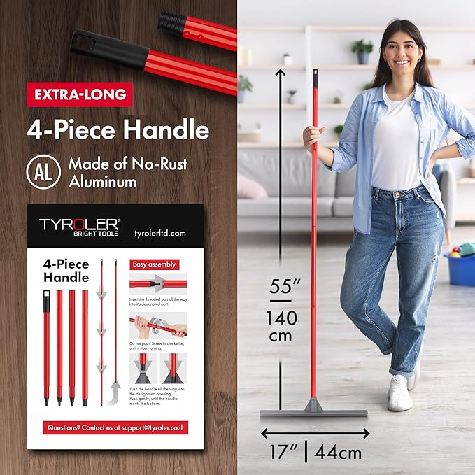Tyroler Floor Squeegee Heavy Duty 17" | Floor Squeegee for Concrete Floors | | Heavy Duty Squeegee for Floor | 55" 4 Part Handle Squeegee Broom for Deck, Patio, Tiles, Marble, Garage, Shower, Window