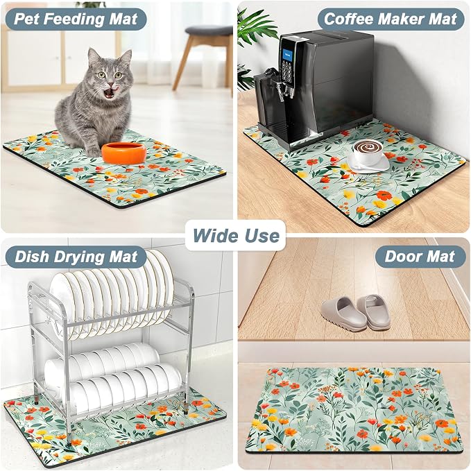 Rnivvi Coffee Mat, 12" x 19" Cute Coffee Bar Mats for Espresso Machine Station Accessories and Organizer, Hide Stain Rubber Backed Absorbent Dish Drying Pad for Kitchen Counter, Abstract Flowers