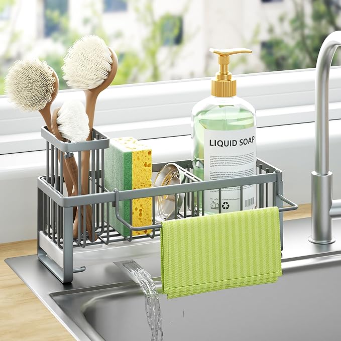 HapiRm Sponge Holder for Kitchen Sink - Self-draining Sink Caddy with Brush and Dishcloth Holders, Stainless Steel Kitchen Organizer for Countertop - Grey