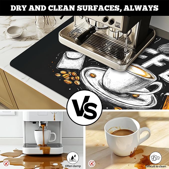 Dish Drying Mat Large Coffee Mat Absorbent Drying Mat for Kitchen Counter Coffee Bar Accessories 32"x 17", Coffee and Beans 5