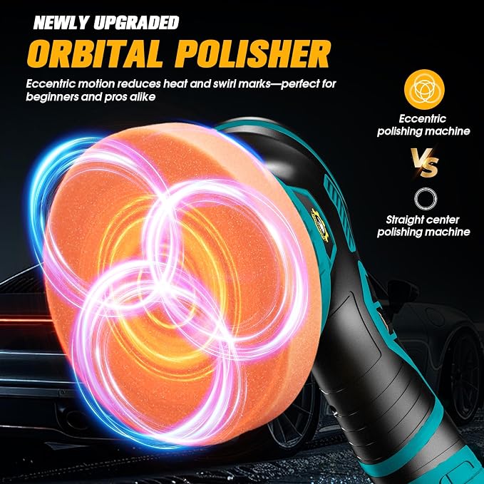Cordless Car Buffer Polisher kit, DA Polisher with 2*21V Batteries | 2x 21V 2000mAh Batteries, 6-speed, LED Display, Random Orbital, 18 pcs Assorted Polishing Pads for Car Detailing-Blue