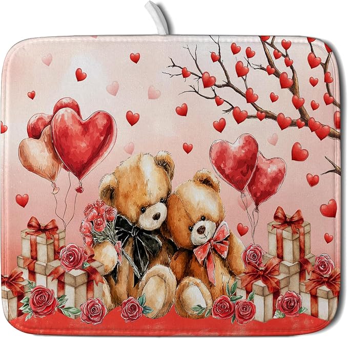 Valentines Day Dish Drying Mat Bear Lover Absorbent Kitchen Drying Mats for Countertops 18 X 16