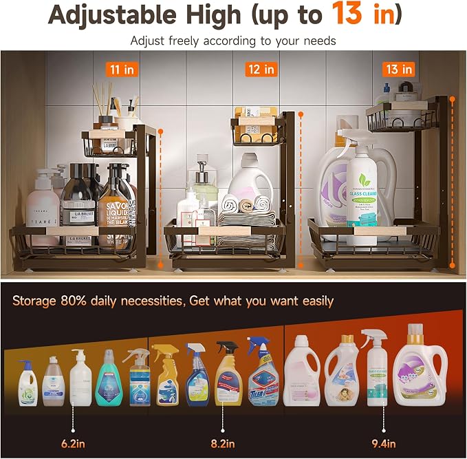 Sevenblue 2-Pack 2-Tier Height Adjustable Under Sink Organizer & Storage | Multi-purpose storage for kitchen & bathroom cabinet. Large brown shelf, height adjustable design for space-saving.