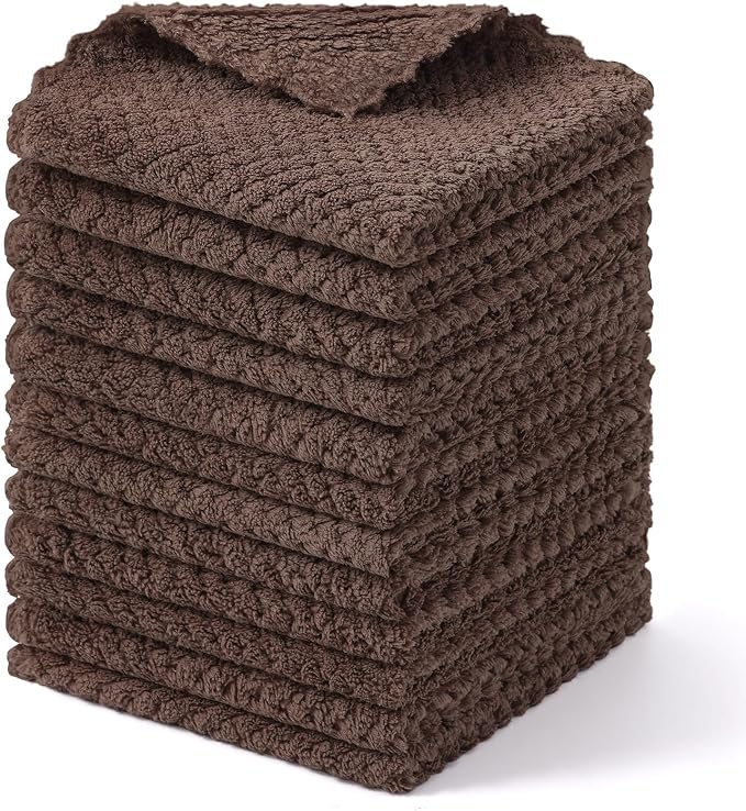 Homaxy 12 Pack Kitchen Dish Cloths, Ultra Soft and Absorbent Dish Towels, Reusable Fast Drying Microfiber Cleaning Cloth, Coral Velvet No-lint Cleaning Rags, 10 x 10 inches, Brown