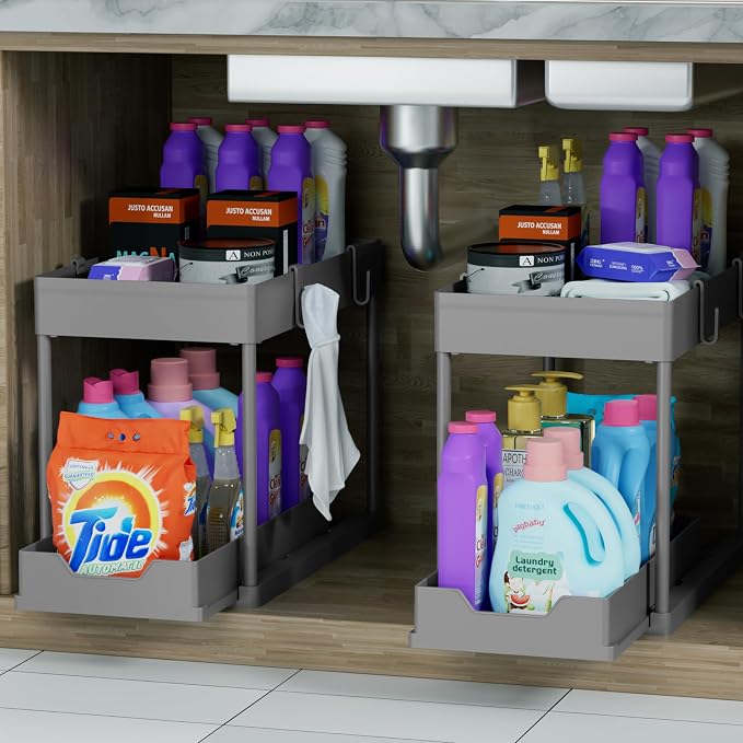DEKAVA Under Sink Organizer 2 Pack，Bathroom Cabinet Organizer，2 Tier Sliding Cabinet Basket Organizer Drawer, Multi-Purpose Bath Collection Baskets for Bathroom (Grey)
