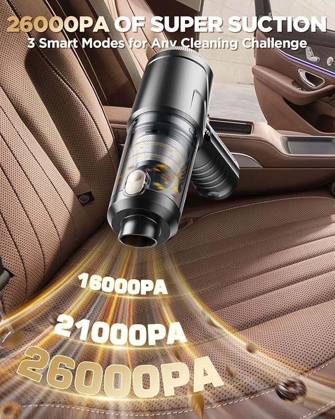 Handheld Vacuum Cleaner 26000Pa Suction with Brushless Motor, 4-in-1 Portable Mini Car Vacuum with 3 Suction Modes, Cordless Vacuum with LED Light, Type-C Charge for Car, Office Desk, Keyboards
