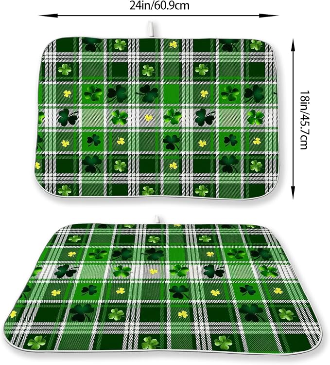 St Patricks Day Dish Drying Mat 18x24 Inch Green Lucky Shamrock Buffalo Plaid Drying Mat Checkered Spring Holiday Absorbent Dish Drying Pad Dish Rack Drainer Mats for Kitchen Dining Counter