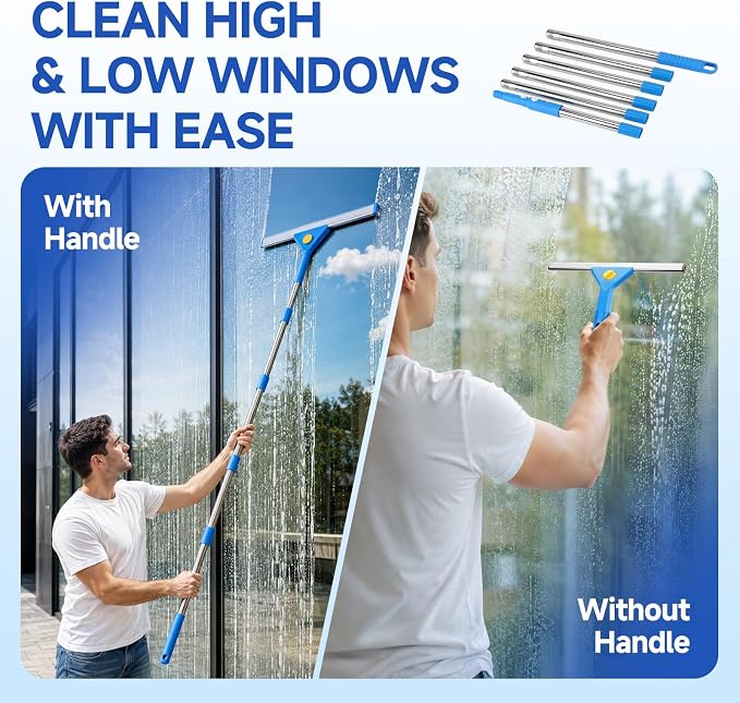 Window Cleaning Kit, 3 Gallon Foldable Bucket, 87 Inch Long Handle | Complete window washing kit with 3-gallon foldable bucket, 14-inch squeegee, 15-inch scrubber and 87-inch handle