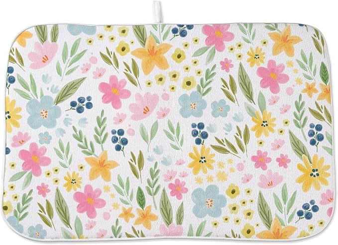 Spring Dish Drying Mat 18x24 Inches For Kitchen Counter Absorbent Pink Yellow Floral Kitchen Decoration Summer Colorful Flower Drying Mat Pad For Home Kitchen,Dining Room,Office Decor