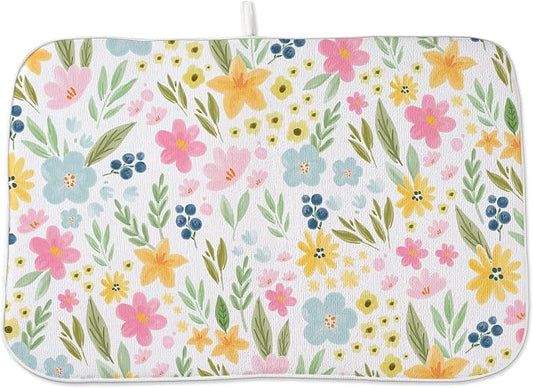 Spring Dish Drying Mat 18x24 Inches For Kitchen Counter Absorbent Pink Yellow Floral Kitchen Decoration Summer Colorful Flower Drying Mat Pad For Home Kitchen,Dining Room,Office Decor