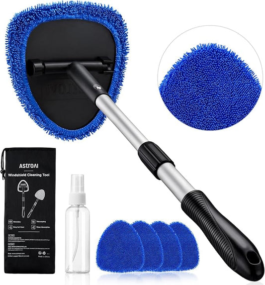 AstroAI 21" Extra-Long Windshield Cleaner Tool, Car Interior Detailing Cleaning Kit with Extendable Handle and 4 Upgraded Reusable Microfiber Pads, Auto Glass Wiper Brush Kit for Cars, Blue