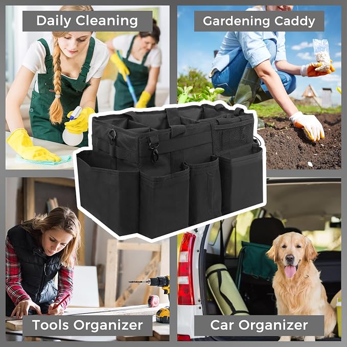 SCAVATA Wearable Cleaning Caddy Organizer with Handle & Shoulder Straps for Housekeepers, Under Sink & Car Cleaning Tool Organizer Bag with 4 Foldable Dividers (Black)