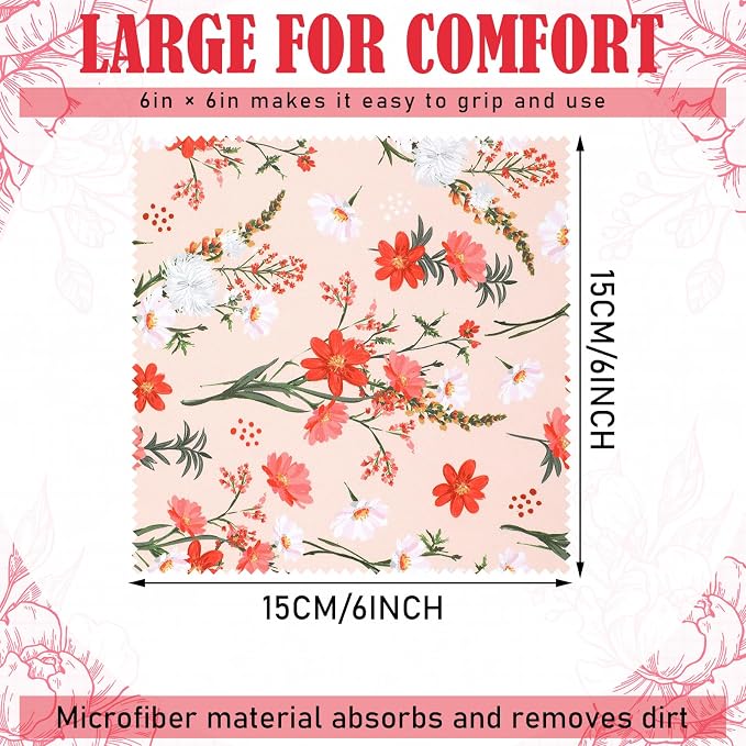 Sinmoe 20 Pcs Microfiber Cleaning Cloth Elegant Flower Design Microfiber Cloth Soft Multicolor Glasses Cleaner for Eyeglasses Camera Lens Cell Phone Screens Glasses, 6 x 6 Inches