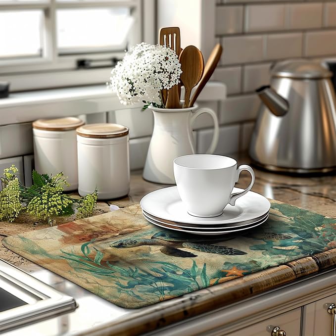 Sea Turtle Dish Drying Mat for Kitchen Counter Vintage Ocean Animal Microfiber Absorbent Dish Drainer Rack Mat Nautical Drying Mats Large Dish Draining Mat 18x24 Inch, 240220
