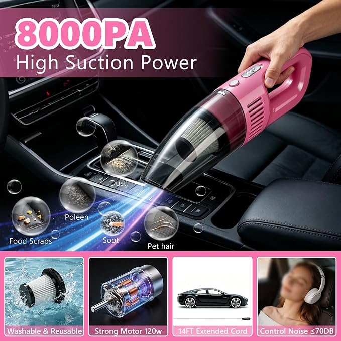 21PCS Car Detailing Kit Interior Cleaner - with Handheld Car Vacuum, Windshield Cleaning Tool, Detailing Brushes, Car Cleaning Supplies Kit for Women Men (Pink)