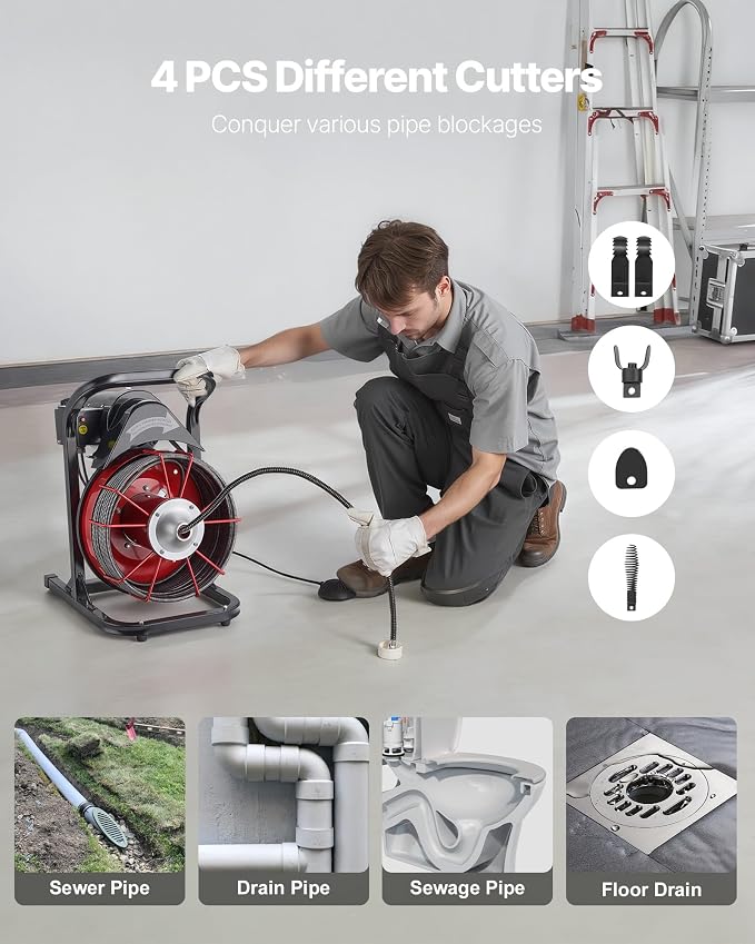 VEVOR Drain Cleaner Machine 75 FT x 1/2 Inch Sewer Snake Auger Manual Feed | Efficient Clog Clearing for 2" to 6" Pipes, Solid Core Steel Cable, with 4 Cutters & Air-activated Foot Switch