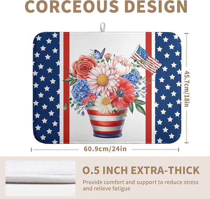 Patriotic Floral Summer Dish Drying Mats 4th of July Butterfly Flowers Dish Mat Kitchen Large Drying Matt Dishes Dryer Pad for Kitchen Counter Absorbent Microfiber Washable Foldable Reusable 18x24 in