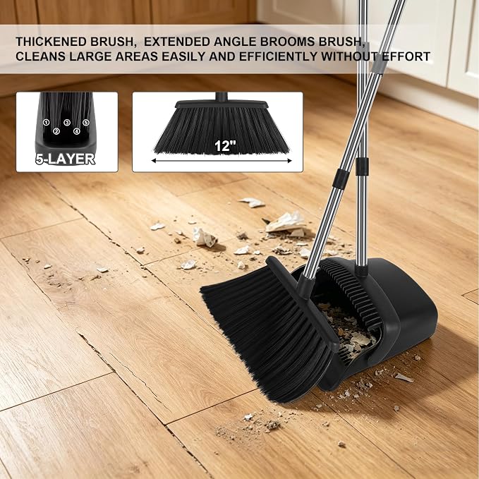 Broom and Dustpan Set 2 Pack, Upright Stand Up Broom and Dustpan Combo with Long Handles, Self-Cleaning Dustpan Teeth, Indoor Outdoor Sweeping Set for Home, Kitchen, Garage Pet Areas Black