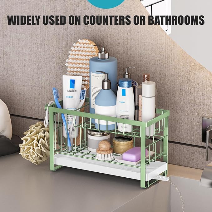 Sponge Holder for Kitchen Sink with Flexible Smiley Face, 2 Tier Kitchen Sink Organizer, Countertop and Storage Essentials, Soap Dispenser Organizer, Home Decor Accessories - Green