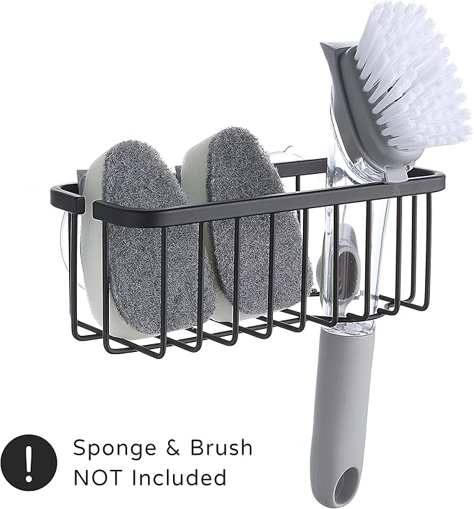 SunnyPoint NeverRust Deluxe Kitchen & Bathroom Sink Sponge Holder Organizer with Adhesive Mount - Additional Suction Cup Included – Sponge & Brush NOT Included – 7.4 x 3.3 x 2.75 Inch (Mat Black)