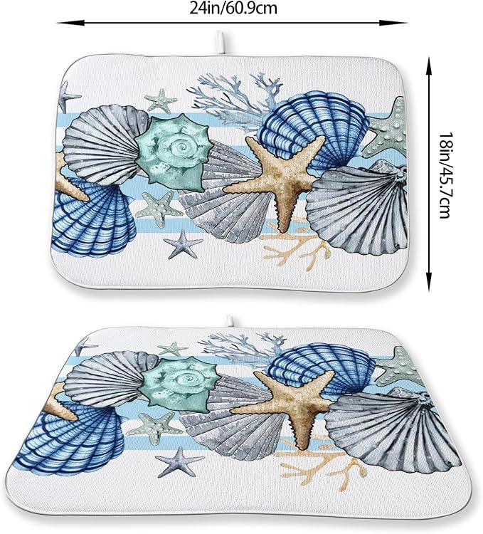 Nautical Coastal Starfish Dish Drying Mat 18x24 Inch Blue Beach Coral Shell Drying Mat for Kitchen Counter Absorbent Seasonal Summer Ocean Dishes Dry Pad for Drainer Rack Kitchen Fast Dry