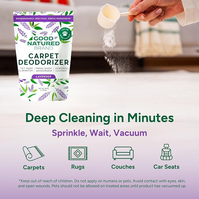 Good Natured Brand | Carpet Deodorizer & Freshener Powder | 60 oz Pet Odor Eliminator for Strong Odor & Pet Urine | Fresh Natural Lavender | Safe for Homes with Pets