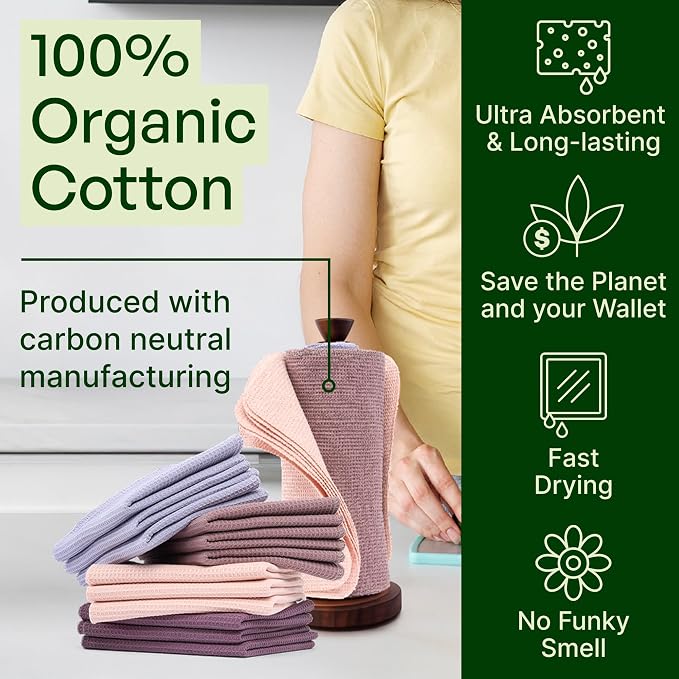 mioeco 24 Pack Multicolored Reusable Paper Towels - Nature Friendly - Organic Cotton Alternative - Thick, Strong, Paperless Kitchen Dish Cloths - Reusable Napkins - Dish Towels - Cloth Napkin
