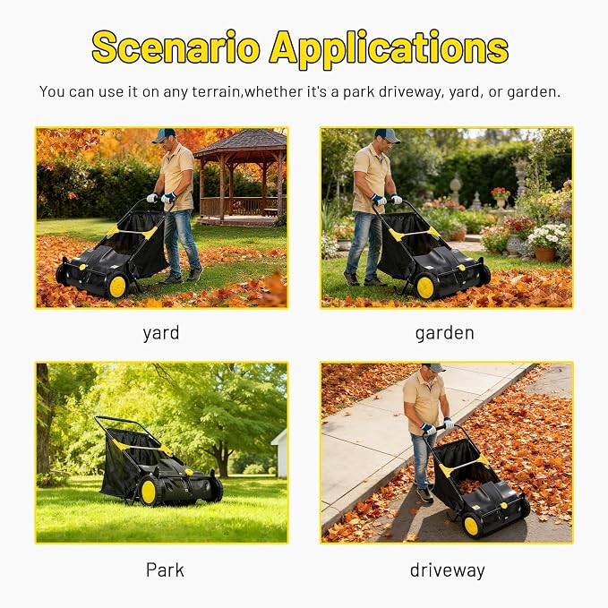 26 Inch Push Lawn Sweeper, Hand Powered Leaf & Grass Sweeper with 7 Cu Ft Hopper, 4 High-Speed Brushes, Height Adjustable, ABS & Steel Frame for Yard Lawn Cleanup (26 Inch Black)